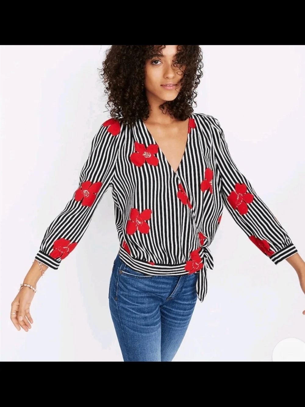Madewell Black & White Wrap Blouse Top Shirt Red Floral Candied Orchid Small S - Picture 5 of 5